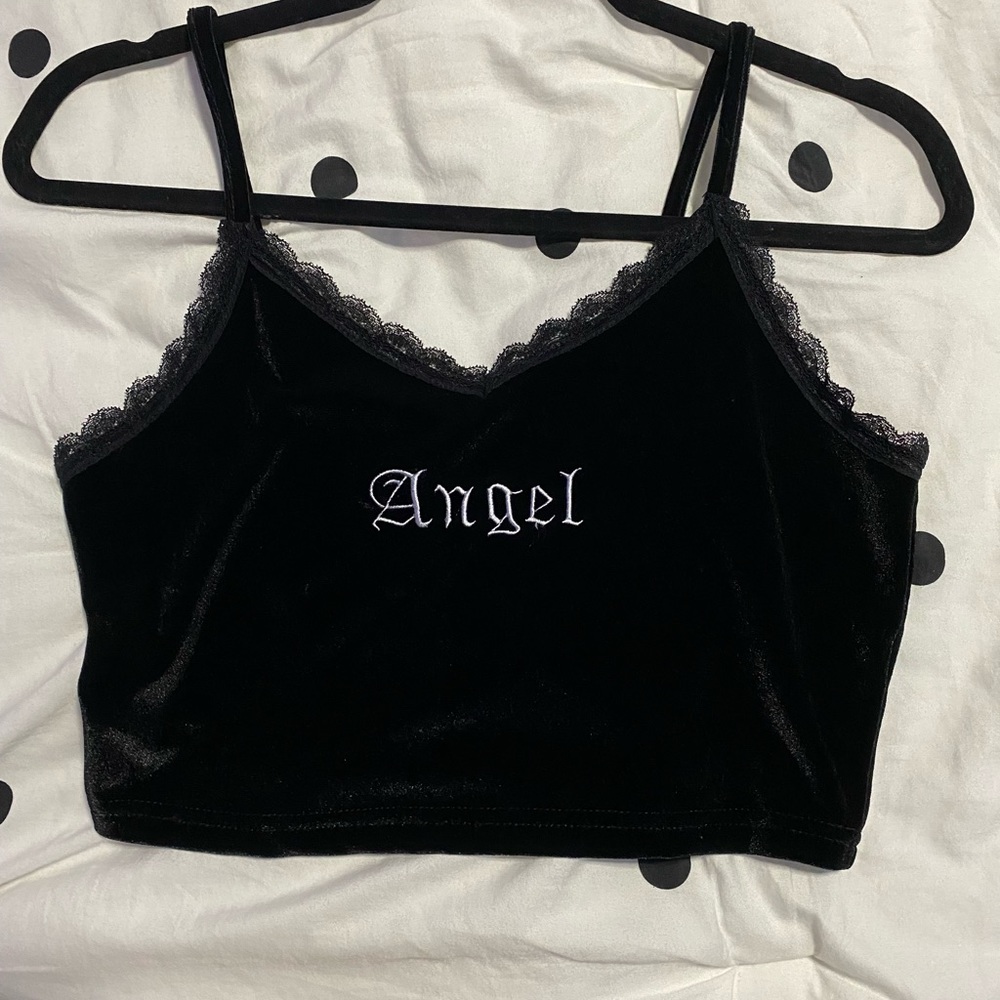 black velvet cropped tank with the wording “angel”